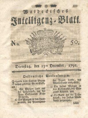 No. 50, Dienstag, den 13ten December, 1791