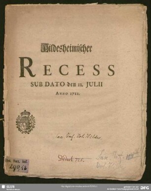 Hildesheimischer Recess Sub Dato den 11. Julii Anno 1711
