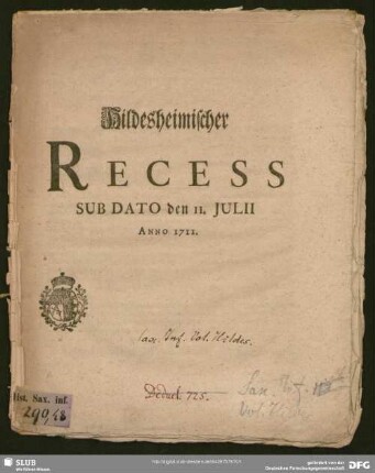 Hildesheimischer Recess Sub Dato den 11. Julii Anno 1711
