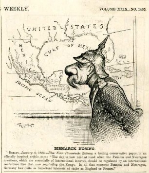 Bismarck nosing. [Anschließend folgt ein Textblock] : Bismarck schnüffelt auf einer Landkarte an Mittelamerika