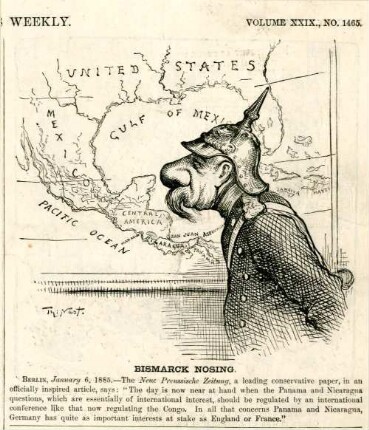 Bismarck nosing. [Anschließend folgt ein Textblock] : Bismarck schnüffelt auf einer Landkarte an Mittelamerika