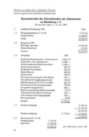 Kassenbericht des Elternbundes am Johanneum zu Hamburg e. V.