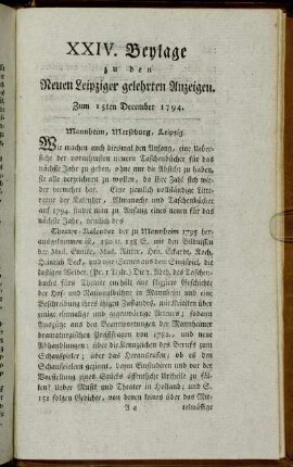 XXIV. Beylage zu den Neuen Leipziger gelehrten Anzeigen. Zum 15ten December 1794.