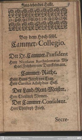 Bey dem Hoch-löbl. Cammer-Collegio