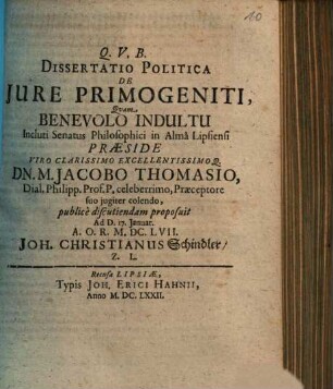 Dissertatio Politica De Jure [Iure] Primogeniti
