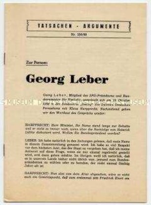 Heft aus der Schriftenreihe des Parteivorstandes der SPD "Tatsachen - Argumente" über Georg Leber