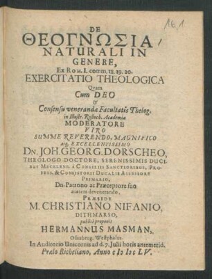 De Theognōsia Naturali In Genere, Ex Rom. I. comm. 18. 19. 20. Exercitatio Theologica