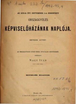 Országgyűlés képviselőházának naplója : hiteles kiadás. 1872/75,7