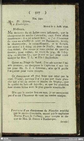 No. 240. Mrs. D. Freres, à Dunkerque. Memel le 5. Août 1786