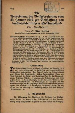 Die Verordnung der Reichsregierung vom 29. Januar 1919 zur Beschaffung von landwirtschaftlichem Siedlungsland