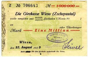 Scheck über Eine Million Mark
