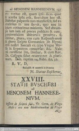 XXVIII. Statii Buscheri ad Menonem Hannekenium