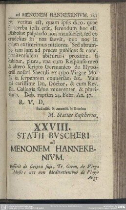 XXVIII. Statii Buscheri ad Menonem Hannekenium