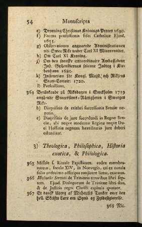 54-57, 3) Theologica, Philosophica, Historia exotica, & Philologica.