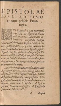 Epistolae Pauli Ad Timotheum prioris Enarratio.