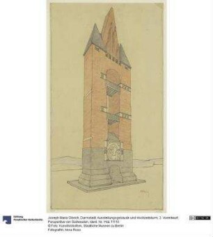 Darmstadt, Ausstellungsgebäude und Hochzeitsturm, 3. Vorentwurf, Perspektive von Südwesten