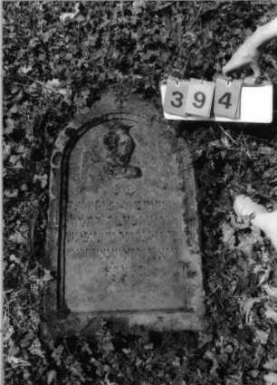 Grabstein 394 (Index: 99792072) Material: Sandstein Zustand: gut, Stele liegend Maße HxBxT: 83x46x16 cm Beschreibung: Stele, Rundbogenabschluß mit Mittelakroter, Schriftfeld eingetieft Symbolik: Levitenkanne, Ranken: Grabstein 394