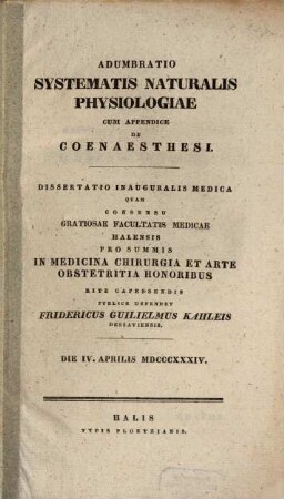 Adumbratio systematis naturalis physiologiae : cum appendice de coenaesthesi ; diss. inaug. med.