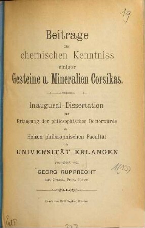 Beiträge zur chemischen Kenntniss einiger Gesteine und Mineralien Corsikas : Inaugural-Dissertation ...