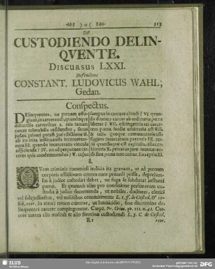 De Custodiendo Delinquente, Discursus LXXI. Defendens Constant. Ludovicus Wahl, Gedan.