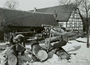 Helbigsdorf, Leutholdmühle. Arbeiter bewegen einen Baumstamm
