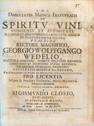 Dissertatio Medica Inavgvralis De Spiritv Vini