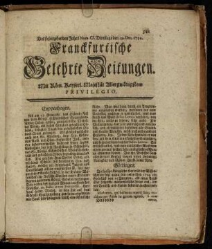 Num. CI. Dienstags den 19. Dec. 1752 - Num. CIV. Freytags den 29. Dec. 1752