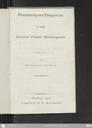 Pharmacopoea Pauperum in Usum Instituti Clinici Hamburgensis