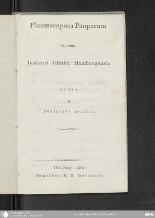 Pharmacopoea Pauperum in Usum Instituti Clinici Hamburgensis