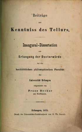 Beiträge zur Kenntniss des Tellurs