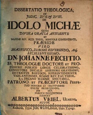 Dissertatio Theologica, Ex Iudic. XVII. & XVIII. De Idolo Michae