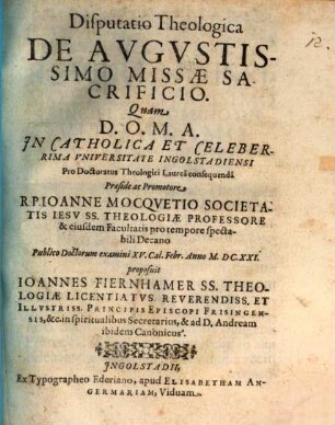 Disputatio Theologica De Avgustissimo Missae Sacrificio