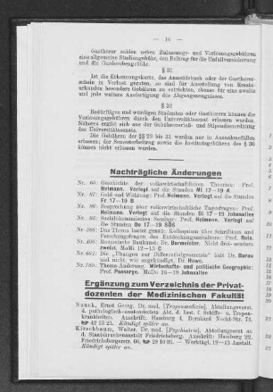 Ergänzungen zum Verzeichnis der Privatdozenten der Medizinischen Fakultät