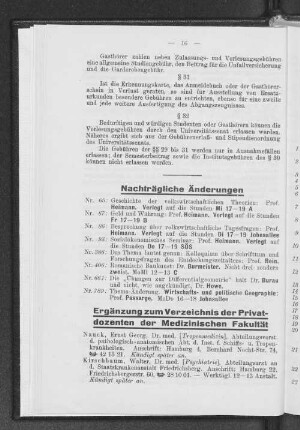 Ergänzungen zum Verzeichnis der Privatdozenten der Medizinischen Fakultät