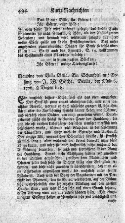 Claudine von Villa Bella, ein Schauspiel mit Gesang.