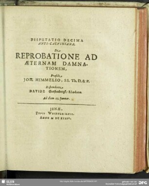 Disputatio Decima Anti-Calviniana, De Reprobatione Ad Aeternam Damnationem