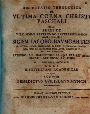 Diss. theol. de ultima coena Christi paschali