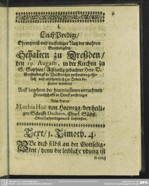 Leichenpredigt : I. LeichPredigt. Text. Außlegung. Lehren