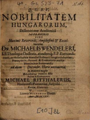 Nobilitatem Hungarorum, Dissertatione Academica