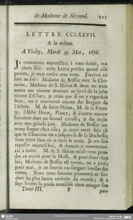 Lettre CCLXXVII. A la même. A Vichy, Mardi 19. Mai, 1676