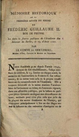 Mémoire Historique De La Première Année Du Règne De Frédéric Guillaume II. Roi De Prusse