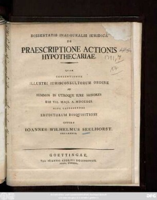 Dissertatio Inauguralis Iuridica De Praescriptione Actionis Hypothecariae