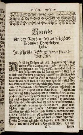 Vorrede An den Gott- und Gottseligkeit liebenden Christlichen Leser.