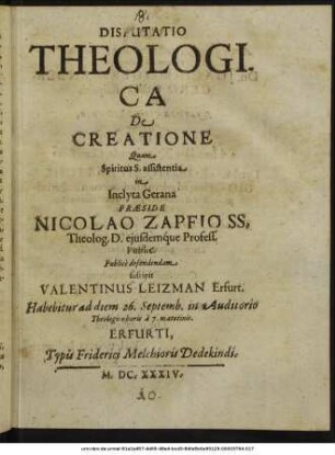 Disputatio Theologica De Creatione