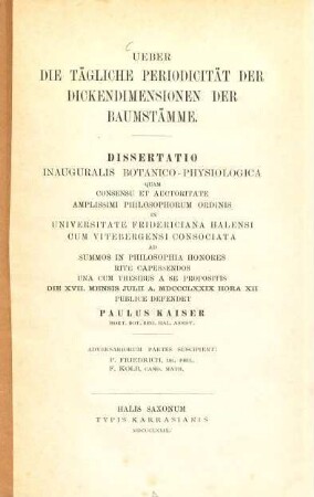 Ueber die tägliche Periodicität der Dickendimensionen der Baumstämme : dissertatio inauguralis botanico-physiologica