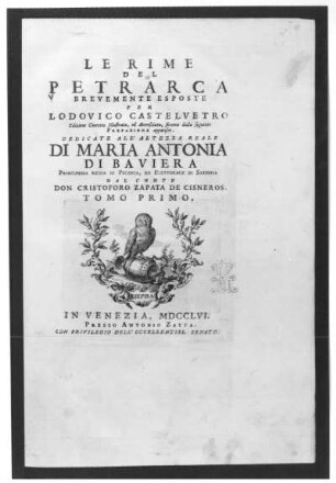 Titelblatt : Petrarca, Francesco. Le Rime del Petrarca. Venedig, 1756. Titelblatt; 34,1 x 23,2 cm. Dresden: SLUB 37.4.1356
