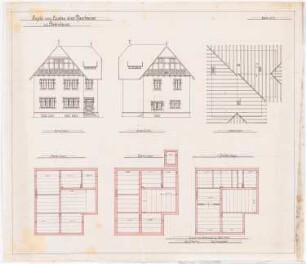 Pfarrhaus der Kirche, Brambauer: Vorder- und Seitenansicht, Sparren-, Träger- und Balkenlage 1:100