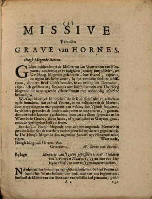 Missive Ende de Documenten Van den Heere Grave van Hornes, Waer in klaer wordt gedemonstreert hoe het sigh heeft toegedragen in het belegh van de Stadt Veurne