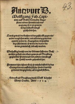 Antwurt D. Wolffgang Fab. Capitons auff Bruder Conradts Augustinerordens Provincials vermanung, so er an gemein Eidgnoschafft jüngst geschriben hat