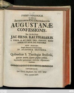 Theses Theologicæ, Ad Ductum Articulorum XXI. Doctrinalium Augustanæ Confessionis
